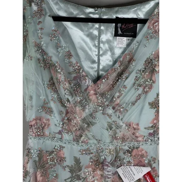 MAC DUGGAL Floral Flutter Sleeve V Neck Maxi Dress Size 8 #70125 Blue Green Pink - Picture 4 of 8